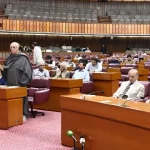 Members of the National Assembly of Pakistan seated during the Budget 2026–27 session as Finance Minister Muhammad Aurangzeb presents the federal budget in Parliament.
