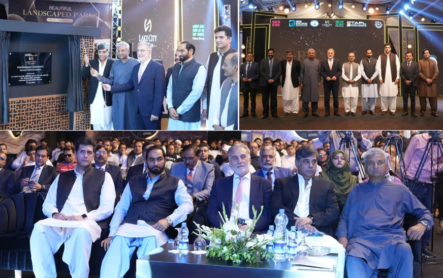 Officials and consortium representatives at Lake City Meadows Phase 1 Extension handover ceremony, including Chairman NAB Lt. Gen. (R) Nazir Ahmed Butt, project developers, and plot owners, marking the formal commencement of possession for residential plots.