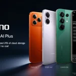 A lineup of TECNO smartphones including SPARK 50, SPARK Go3, and CAMON 50i, showing the Google AI Plus interface on one phone, highlighting the 3-month free trial with 2 TB cloud storage and AI-powered features for eligible devices.