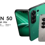 TECNO CAMON 50 smartphone shown with 50MP Sony camera, IP69K/IP68 protection and TECNO AI features, highlighting its premium all-rounder smartphone capabilities.