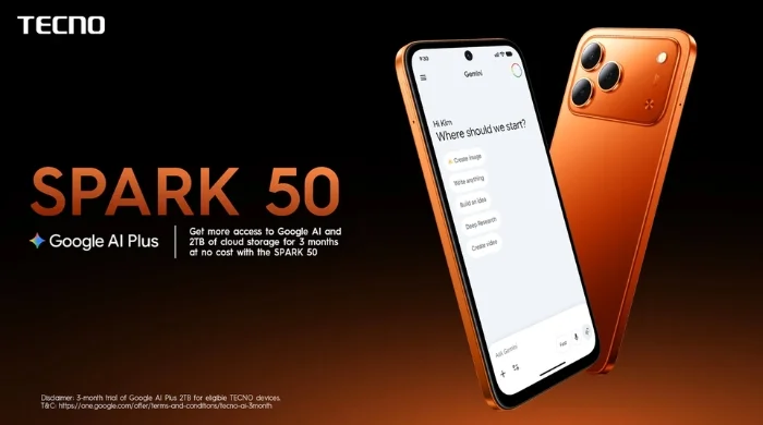 TECNO SPARK 50 smartphone featuring Google AI Plus with 2TB cloud storage offer for eligible users.
