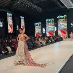 Model walks the runway wearing an embroidered outfit from Sania Maskatiya’s LALEH collection at LAAM Fashion Week Season 2 Day 1 in Lahore, 2026.