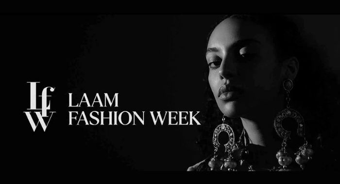 LAAM Fashion Week Season 2 promotional image featuring a black-and-white fashion portrait and official logo ahead of the October 23–26, 2026 event in Lahore.