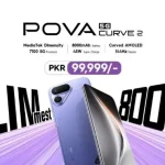 TECNO POVA Curve 2 5G smartphone priced at PKR 99,999 in Pakistan, featuring an 8000mAh battery, ultra-slim design, MediaTek Dimensity 7100 5G processor and 144Hz curved AMOLED display.